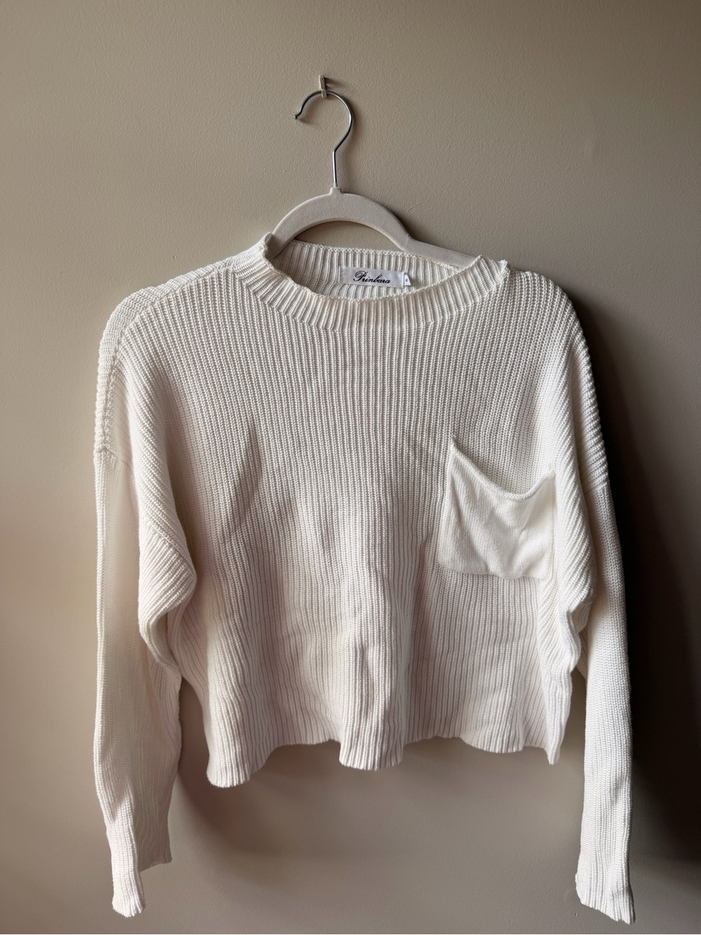 Cream Ribbed Knit Pocket Pullover